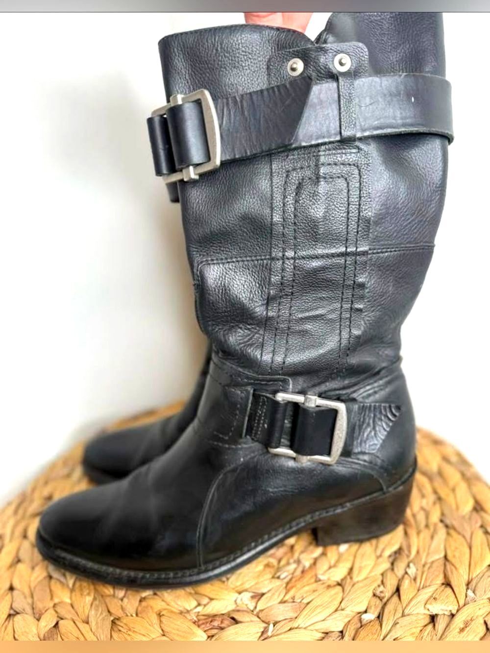 Vera Wang Boots lavender Moto boot Classic Black Leather Mid-Calf Buckle Heeled
